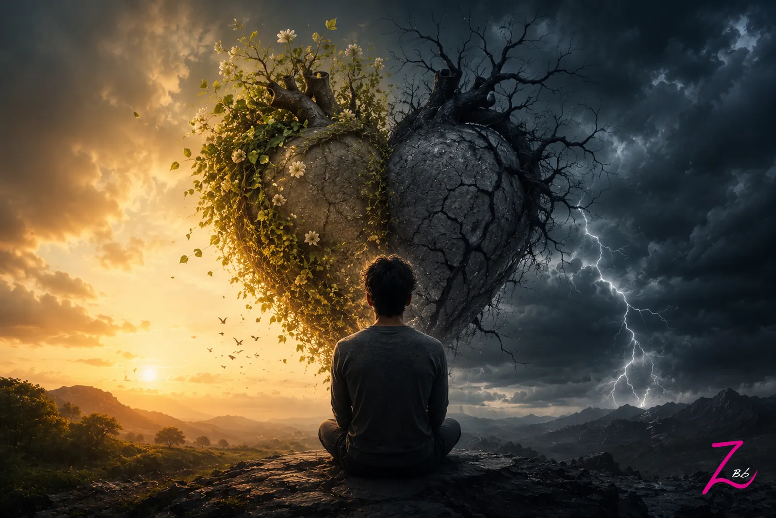 Persona contemplando un corazón dividido entre la luz y la oscuridad, símbolo de los sentimientos humanos enfrentados.