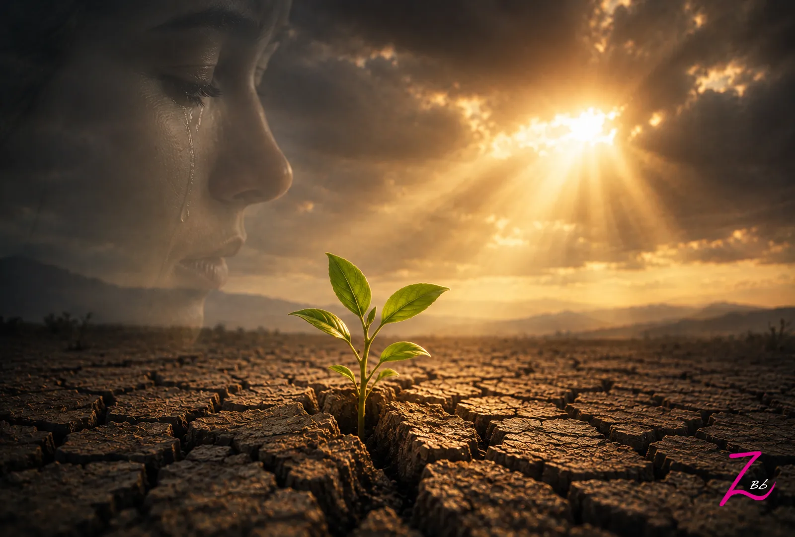 Rostro transparente con una lágrima sobre tierra agrietada y una planta que nace bajo la luz