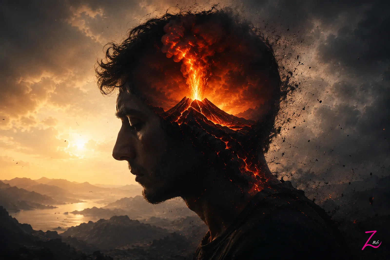 Rostro humano con un volcán en erupción en su interior, símbolo del subconsciente y las emociones que no siempre controlamos.