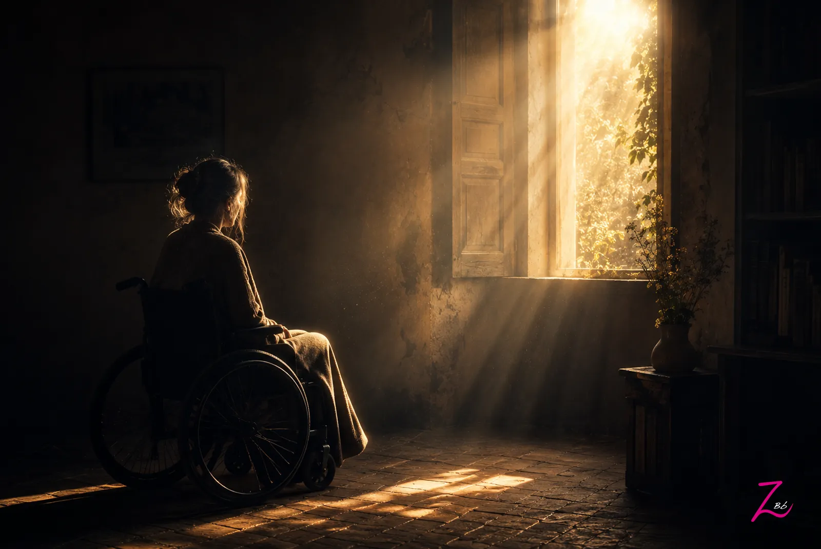 Persona en silla de ruedas contemplando la luz que entra por una ventana en una habitación en penumbra