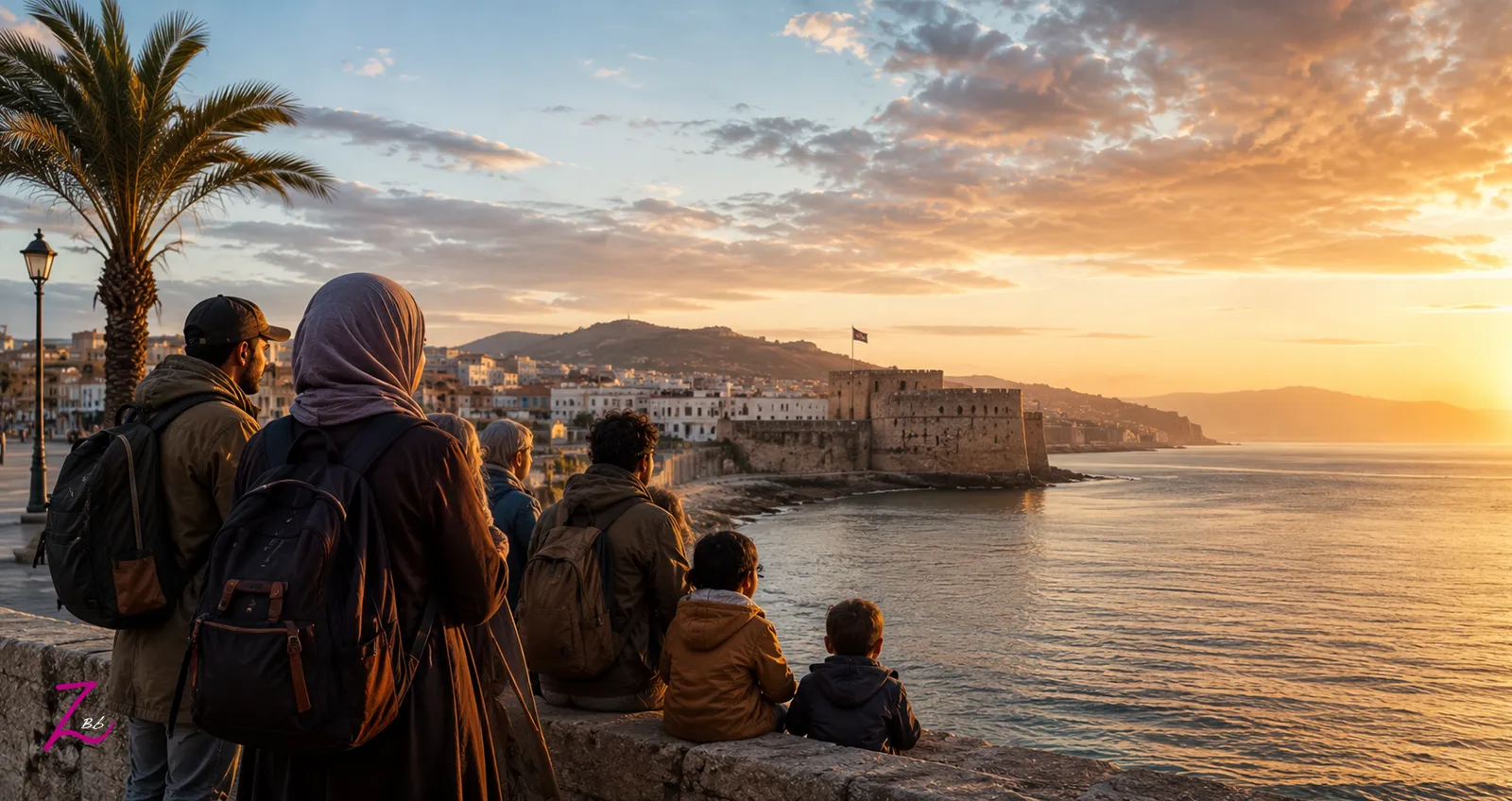 Personas contemplando el mar de Ceuta al atardecer como símbolo de migración y ayuda humanitaria