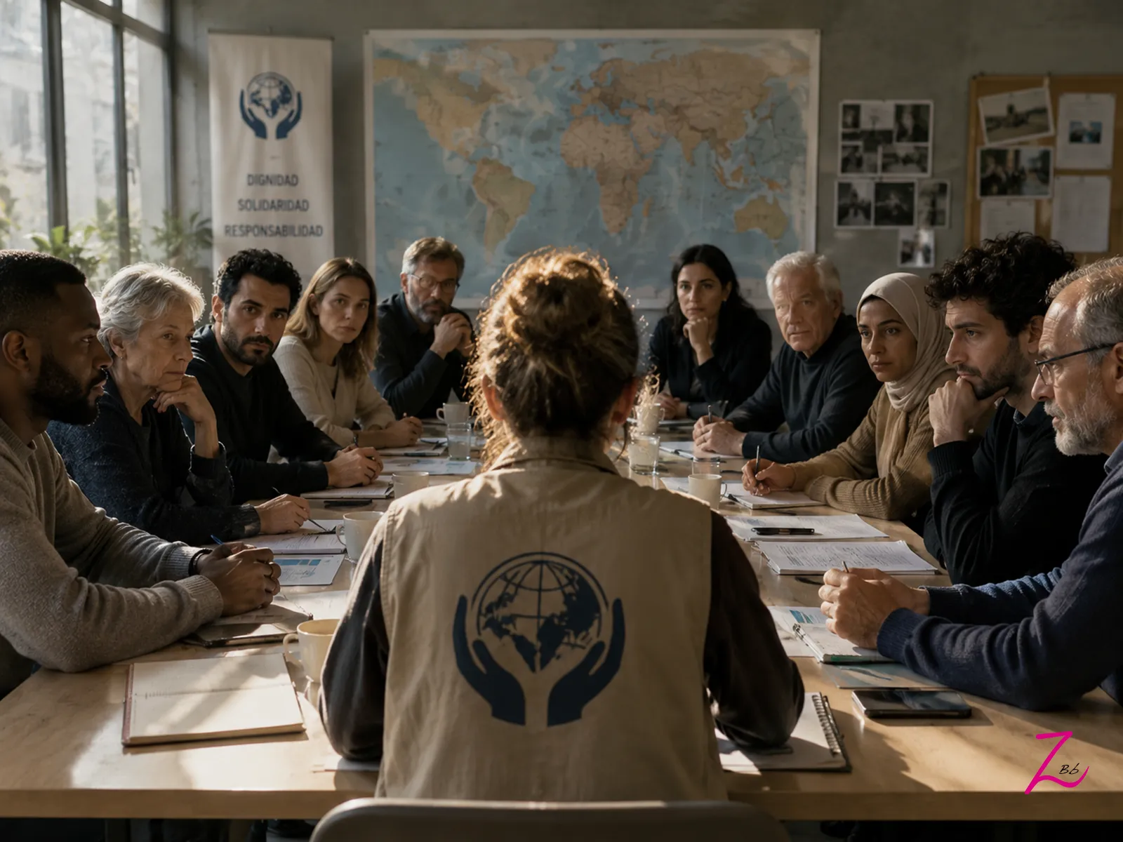 Reunión sobre ayuda humanitaria y migración con personas de distintos orígenes ante un mapa mundial
