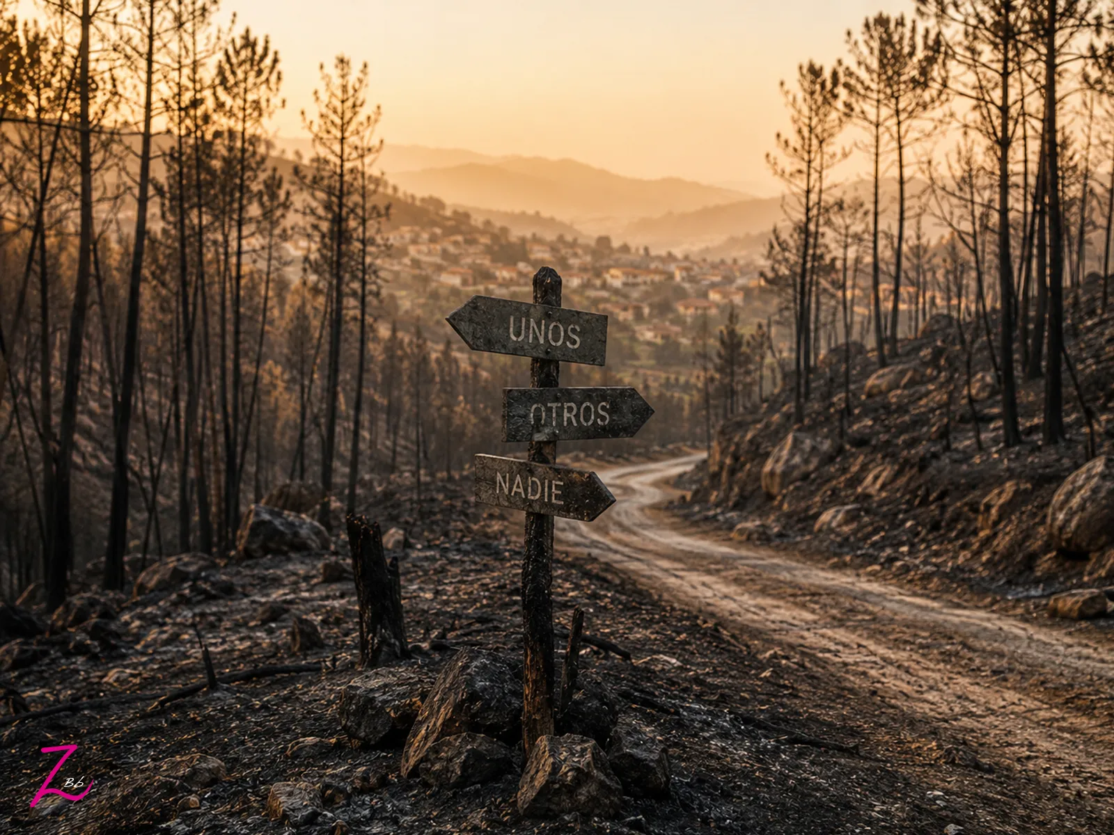 Paisaje calcinado tras un incendio forestal con un camino atravesando el terreno devastado, símbolo de las consecuencias que permanecen más allá del debate político.