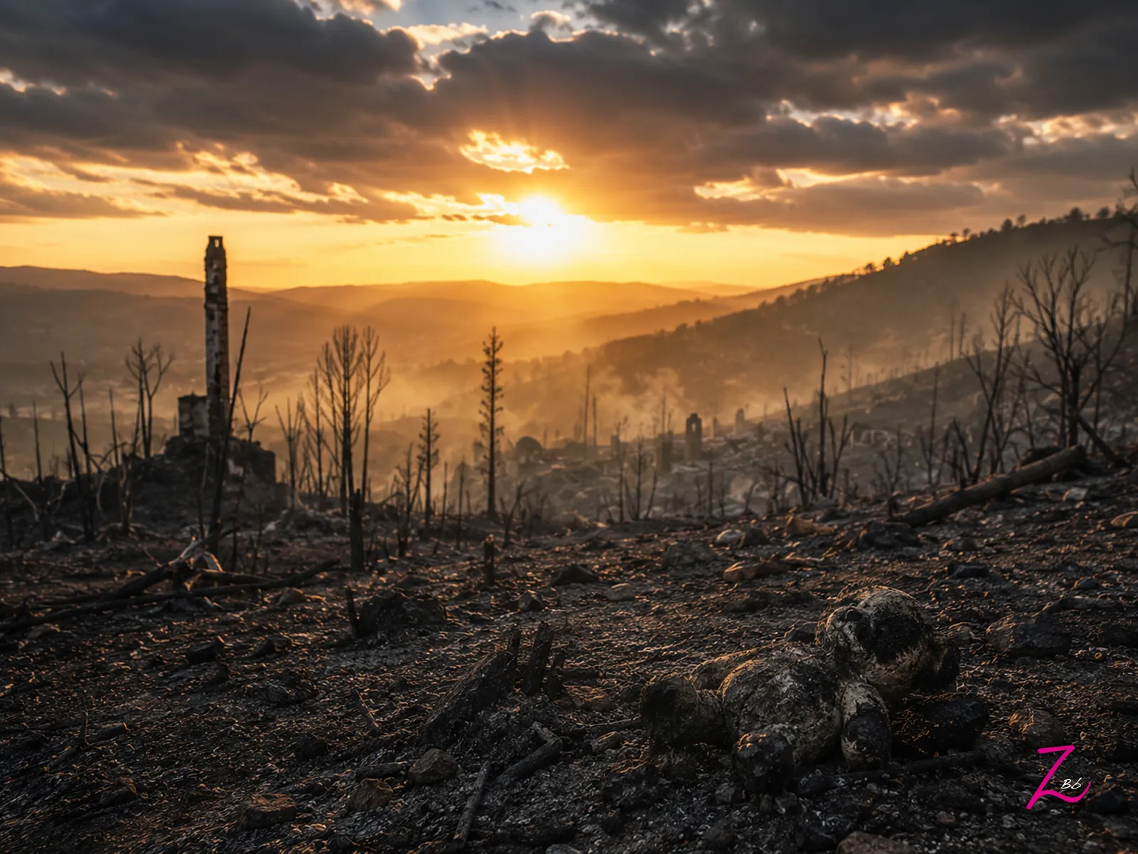 Paisaje devastado tras un incendio forestal con un peluche calcinado entre las cenizas, símbolo de las huellas que permanecen cuando el humo desaparece.