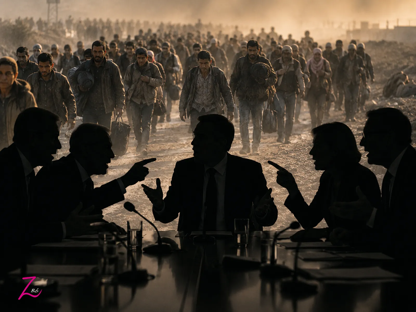Imagen conceptual que representa el debate político frente al sufrimiento de personas desplazadas durante una crisis fronteriza, simbolizando la responsabilidad del Estado y las consecuencias de las decisiones institucionales.