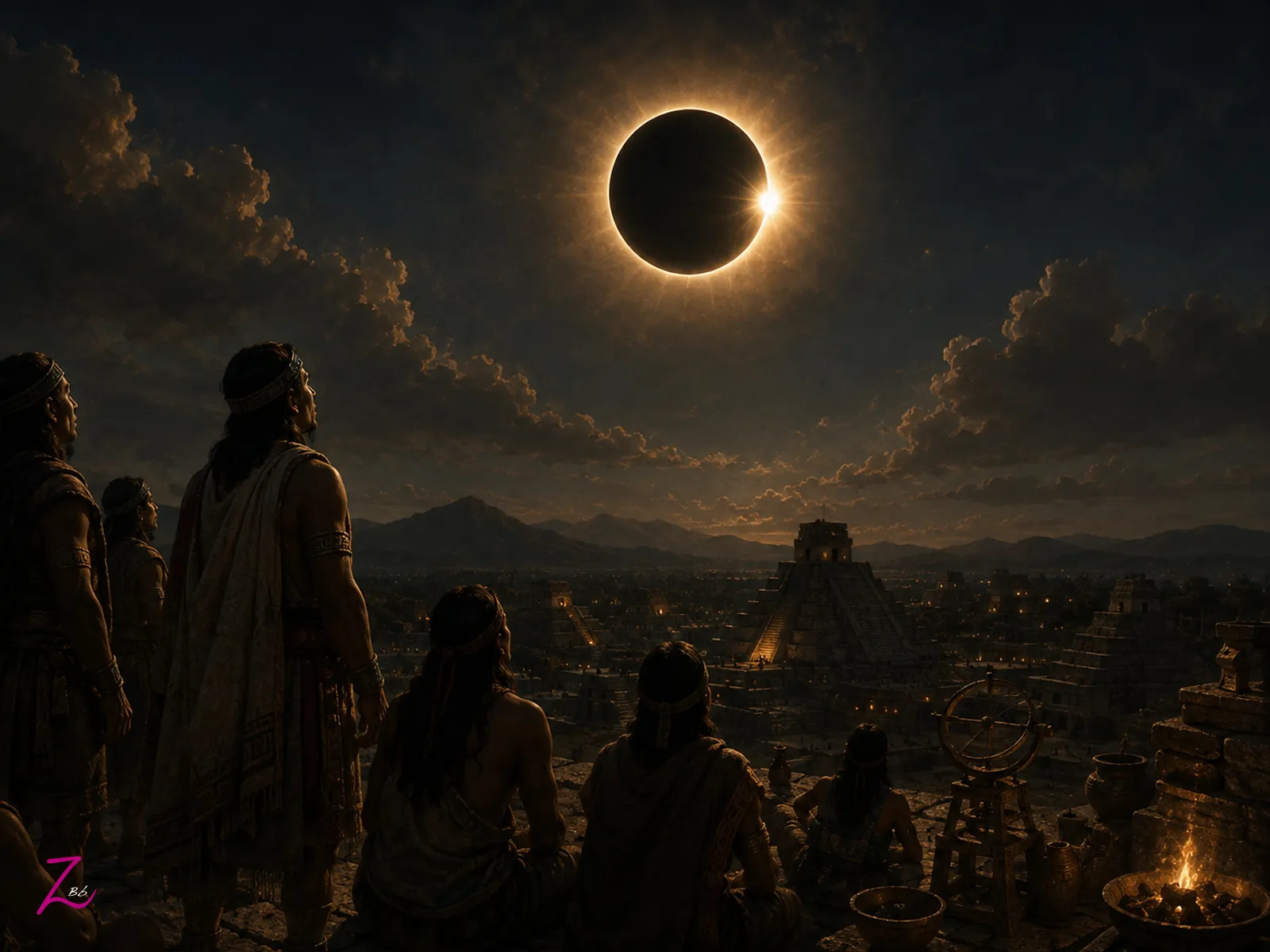 Personas de una antigua civilización contemplando un eclipse solar, entre el asombro y el temor