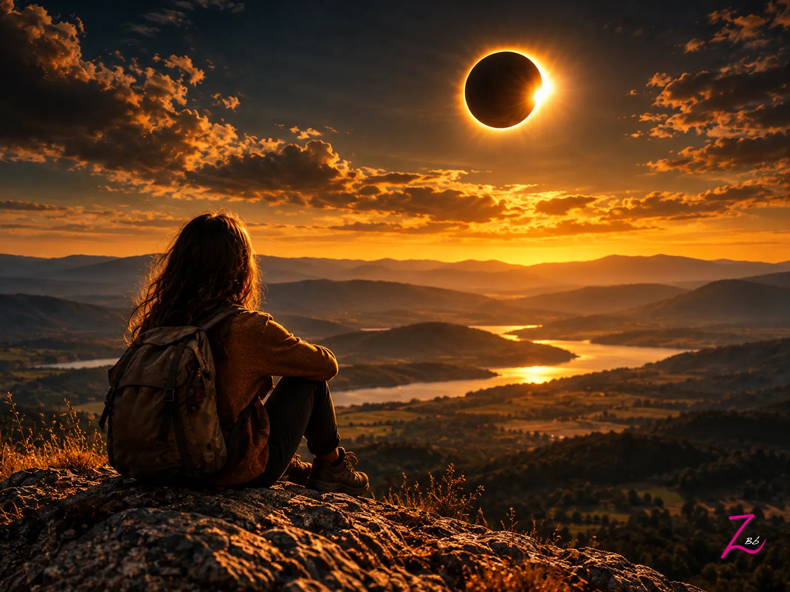 Mujer contemplando un eclipse sobre un paisaje montañoso, símbolo de un futuro en el que aprendemos a mirar