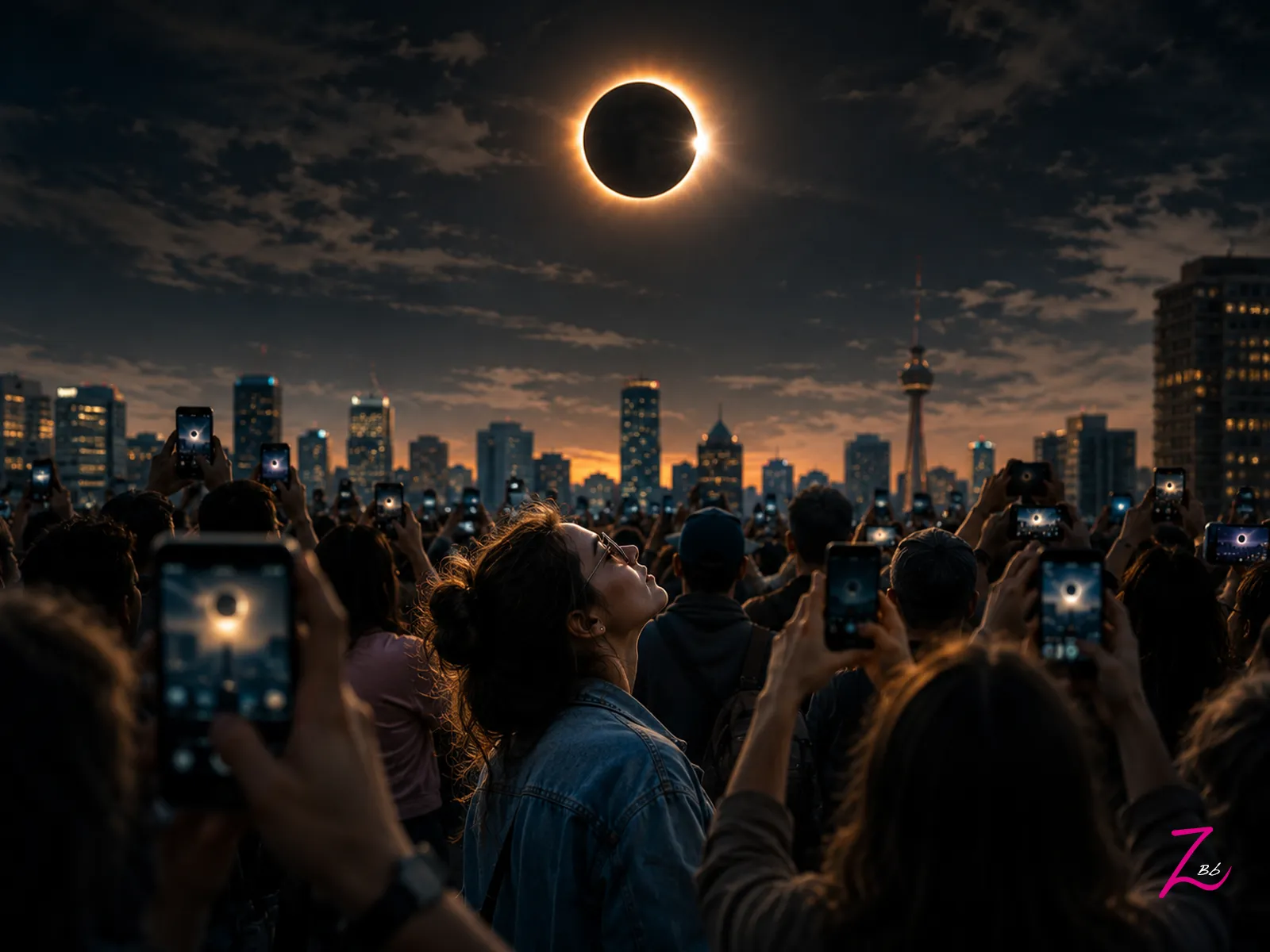 Multitud contemplando un eclipse solar mientras la mayoría lo fotografía con sus teléfonos móviles