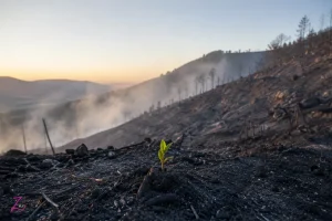 Paisaje calcinado tras un incendio forestal, con un pequeño brote entre la ceniza, cuando el humo ha desaparecido y comienza una lenta recuperación del territorio.