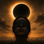 Eclipse solar y figura humana con los ojos vendados, símbolo de las sombras que nos impiden ver la luz
