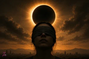 Eclipse solar y figura humana con los ojos vendados, símbolo de las sombras que nos impiden ver la luz