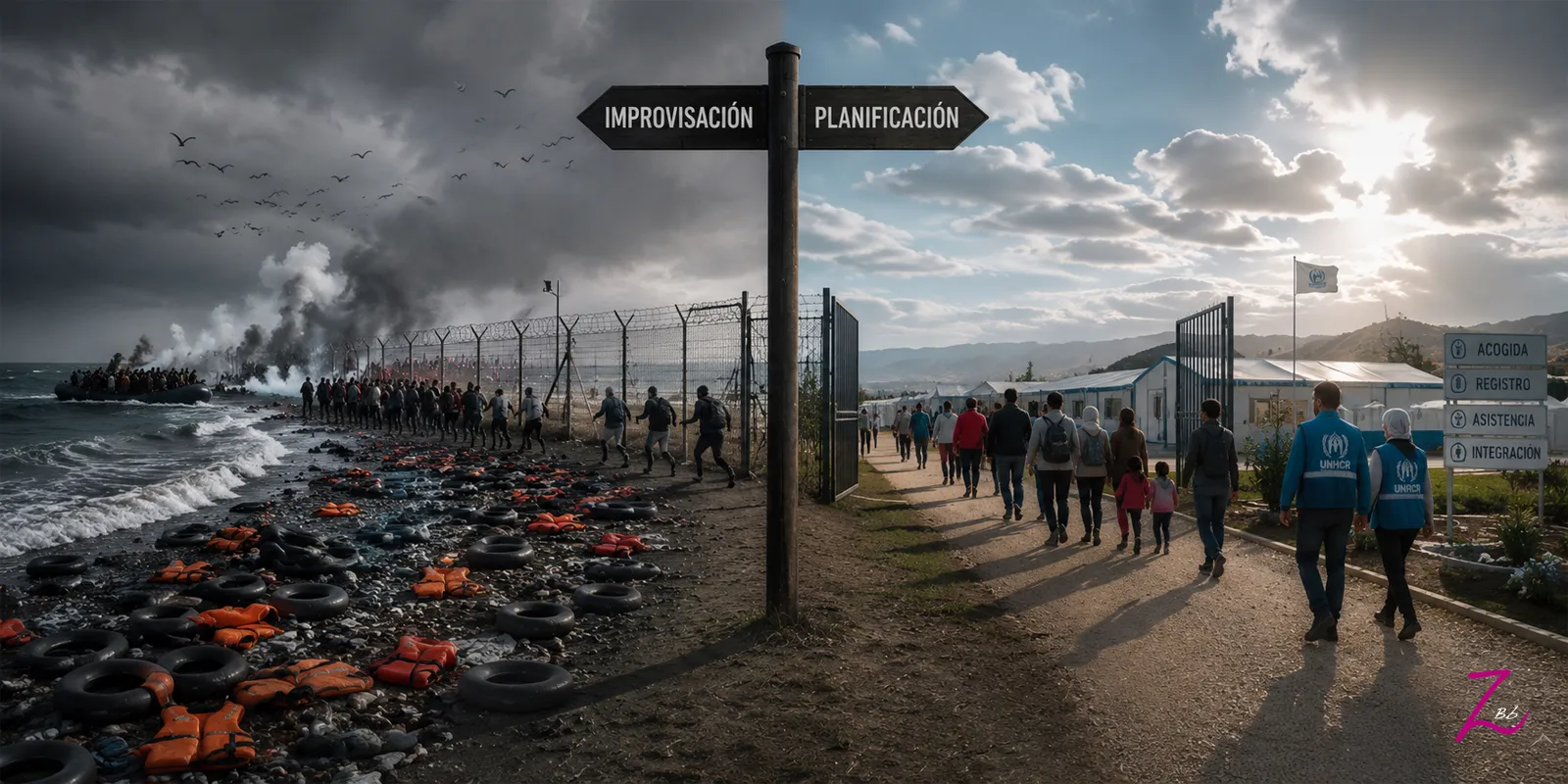 Imagen conceptual que representa el contraste entre la improvisación ante una crisis fronteriza y una respuesta planificada basada en la humanidad, el orden y la responsabilidad institucional.