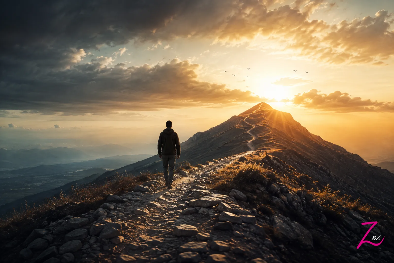 Hombre caminando por un sendero montañoso hacia una cumbre iluminada por el sol