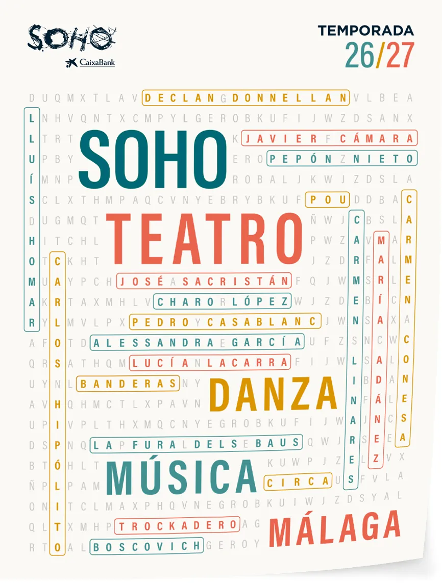 Cartel oficial de la temporada 2026/2027 del Teatro del Soho CaixaBank de Málaga con la programación y artistas participantes.