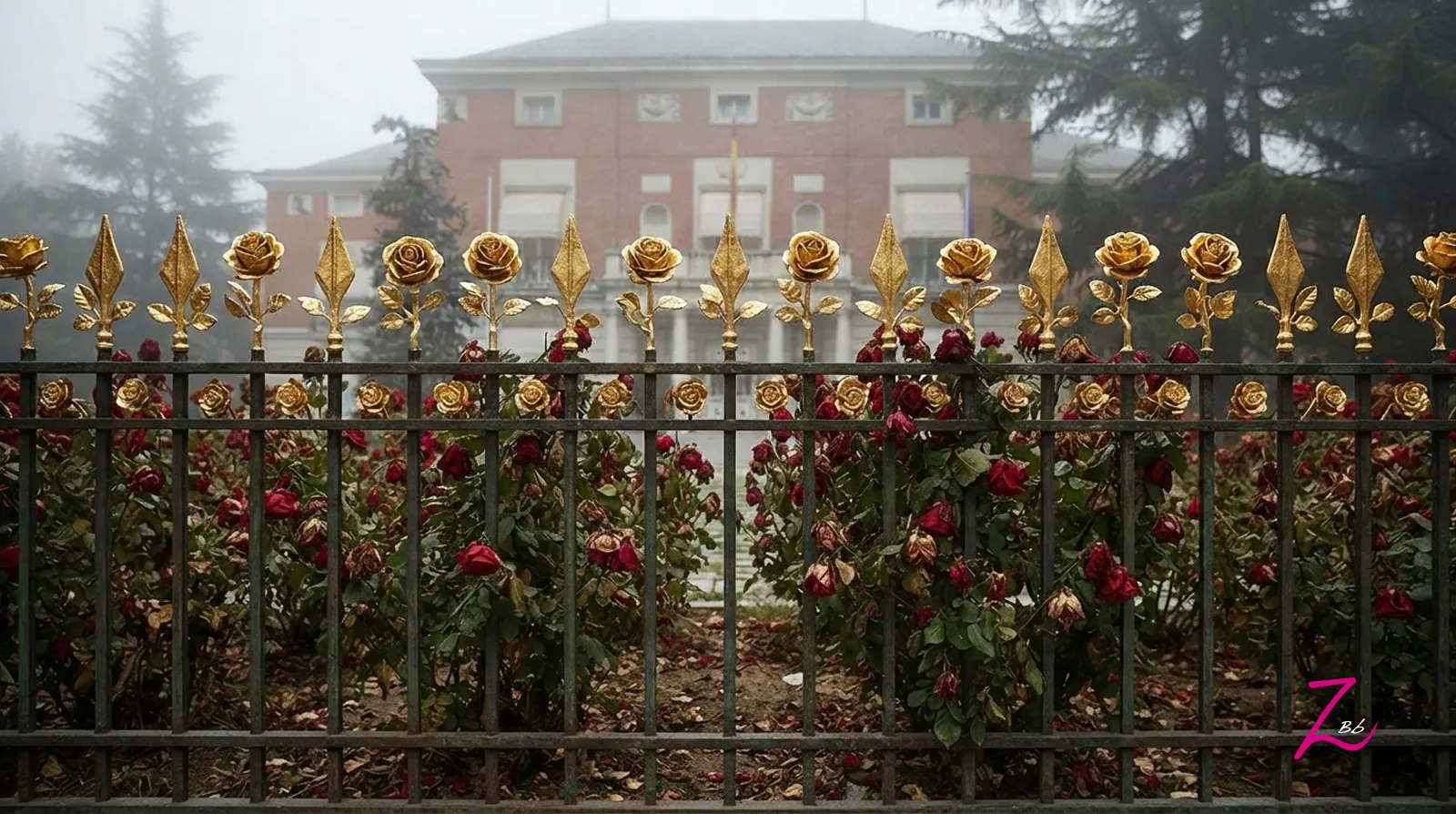 Fotografía apaisada de una verja perimetral en un día de niebla, donde las puntas de lanza han sido sustituidas por rosas de oro. Detrás de la verja, un jardín de rosas rojas marchitas y caídas ensucia el suelo. Al fondo, difuminado por la neblina, se distingue el Palacio de la Moncloa.