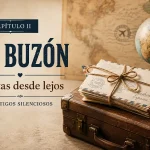 Cartas antiguas atadas sobre una maleta junto a un globo terráqueo, portada del capítulo II de El buzón.