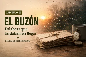 Cartas antiguas junto a un reloj de bolsillo y una taza, portada del capítulo III de El buzón.
