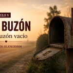Buzón antiguo vacío y abierto al atardecer, portada del capítulo V de El buzón.
