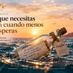 Botella con un mensaje flotando en el mar al atardecer junto a una reflexión de GraZie Magazine