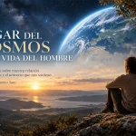 Persona contemplando la Tierra y el cosmos desde una montaña al amanecer.