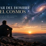 Hombre contemplando el cosmos desde una montaña al amanecer
