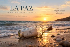 Botella con un mensaje sobre la paz en una playa al atardecer