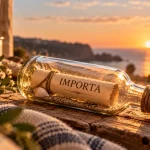 Botella con un pergamino que muestra la palabra IMPORTA, junto al mar al atardecer.