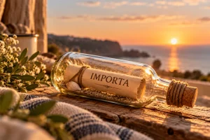 Botella con un pergamino que muestra la palabra IMPORTA, junto al mar al atardecer.