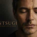 Rostro de un hombre y una mujer unidos por una cicatriz dorada de Kintsugi
