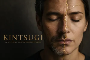 Rostro de un hombre y una mujer unidos por una cicatriz dorada de Kintsugi