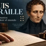 Luis Braille junto a un libro en braille y seis puntos que representan su sistema de lectura.