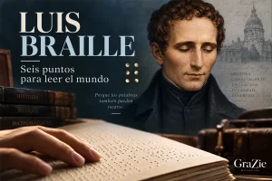 Luis Braille junto a un libro en braille y seis puntos que representan su sistema de lectura.