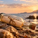Botella de cristal con un mensaje en su interior sobre unas rocas frente al mar al atardecer.