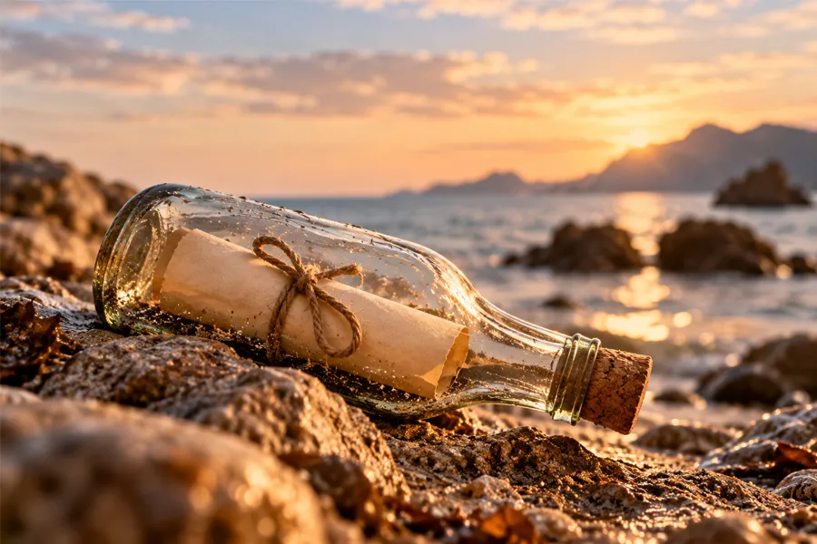 Botella de cristal con un mensaje en su interior sobre unas rocas frente al mar al atardecer.
