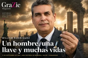 William Rodríguez sostiene una llave ante las Torres Gemelas en una composición sobre el 11-S