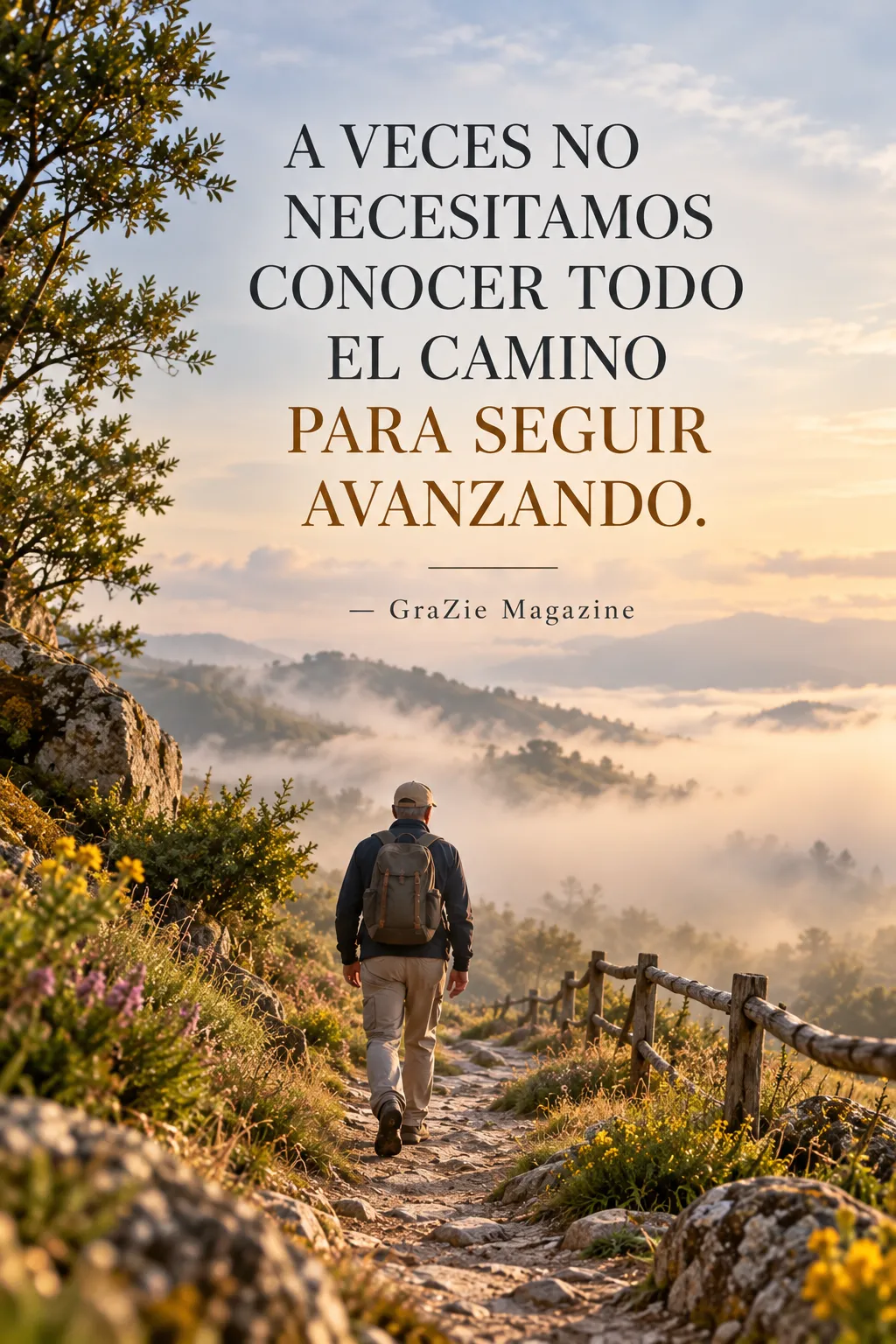Persona caminando por un sendero entre montañas y niebla, con el mensaje “A veces no necesitamos conocer todo el camino para seguir avanzando”.