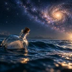 Botella con un mensaje titulado Abrir flotando en el océano bajo un cielo estrellado con una galaxia.