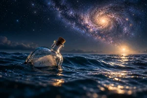 Botella con un mensaje titulado Abrir flotando en el océano bajo un cielo estrellado con una galaxia.