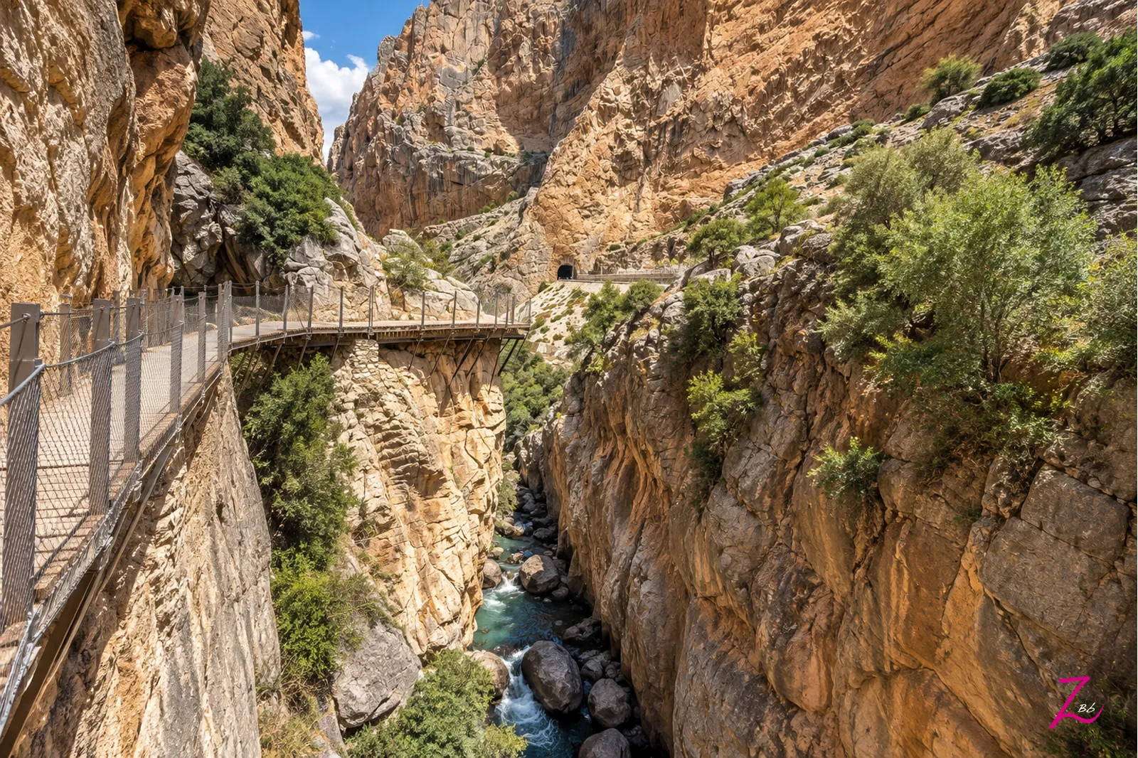Caminito del Rey sobre el Desfiladero de los Gaitanes entre paredes de roca y el río