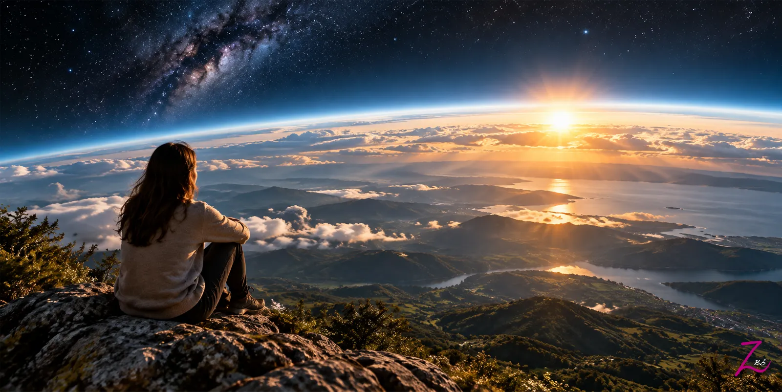 Persona contemplando el mundo desde una montaña bajo el cielo y el universo.