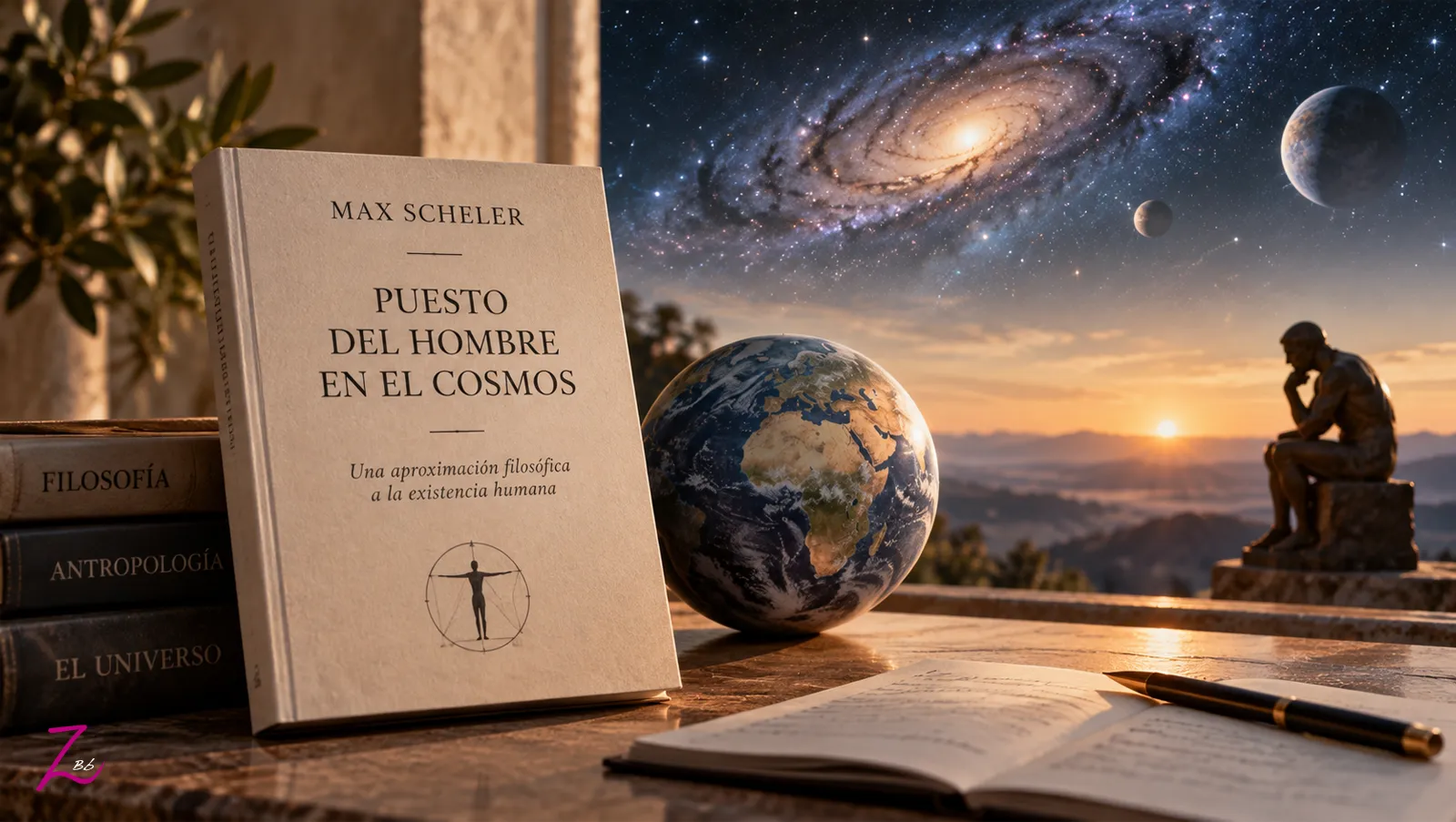 Libro de Max Scheler sobre el lugar del hombre en el cosmos junto a un globo terráqueo