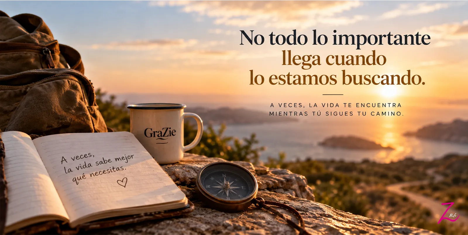 Cuaderno y brújula junto al mar al atardecer con un mensaje sobre lo inesperado