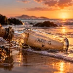 Botella con un mensaje “Para ti” junto al mar al atardecer