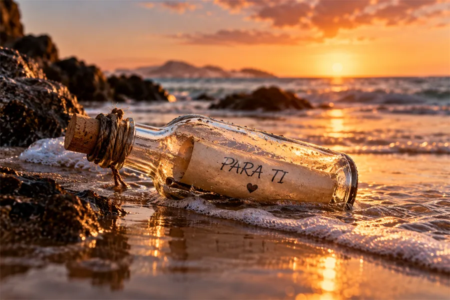 Botella con un mensaje “Para ti” junto al mar al atardecer