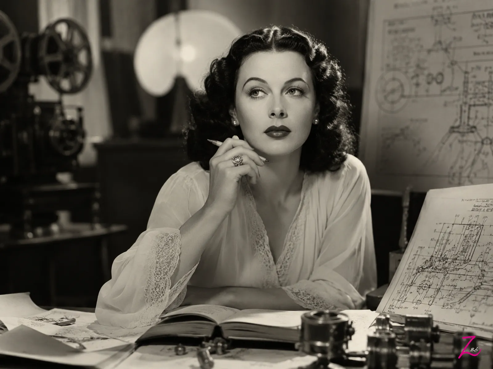 Hedy Lamarr reflexionando ante planos y objetos técnicos en un ambiente de los años treinta
