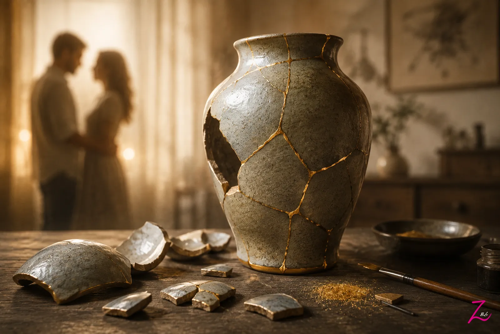 Jarrón de cerámica reparado con Kintsugi, con fragmentos y una pareja desenfocada al fondo