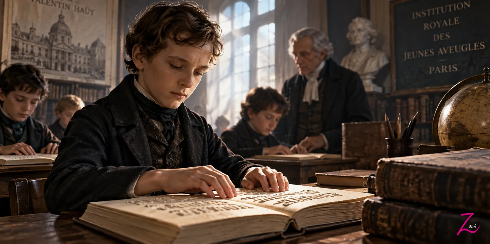 Louis Braille estudiando mediante letras en relieve en la Institución Real de Jóvenes Ciegos de París