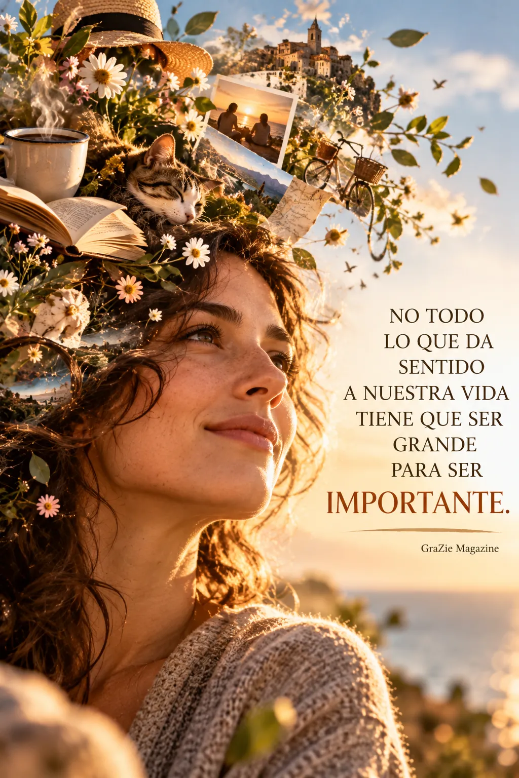 Rostro de una mujer rodeado de libros, flores, fotografías, café, un gato y otros elementos cotidianos que representan lo que da sentido a la vida.