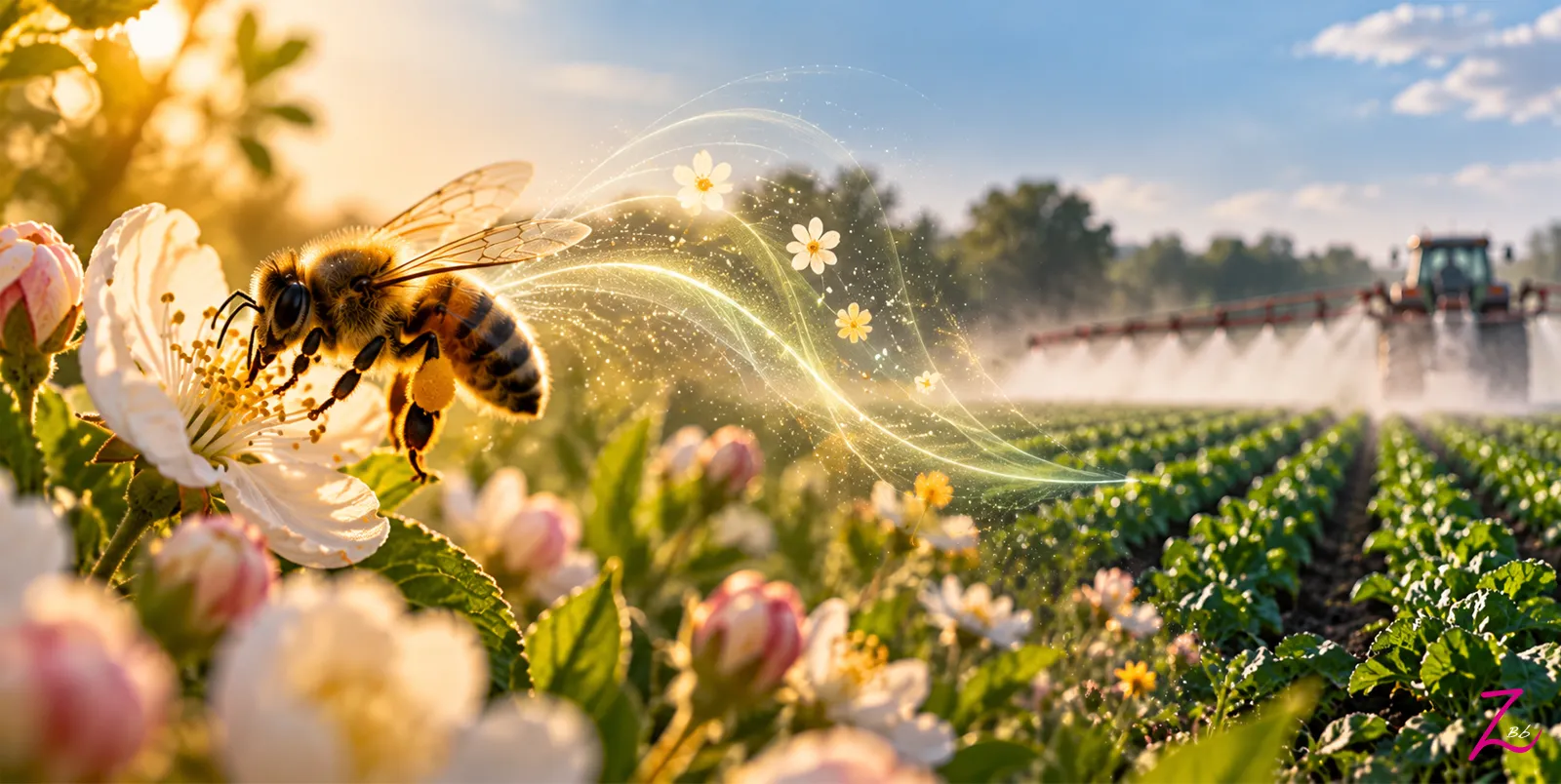 Abeja sobre una flor siguiendo señales de olor hacia un campo agrícola.