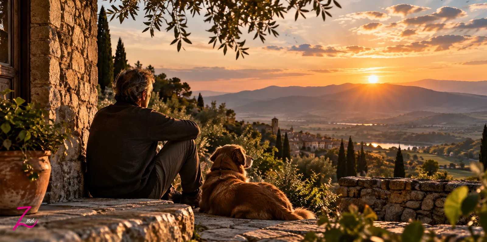 Persona y perro contemplando su hogar y el paisaje al atardecer.